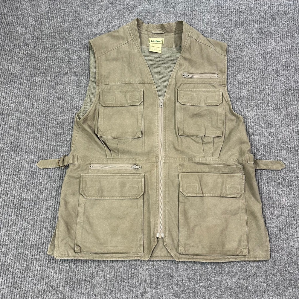 Vintage LL Bean Utility Vest Womens Large Khaki Cotton Mesh Multi-Pocket Fishing